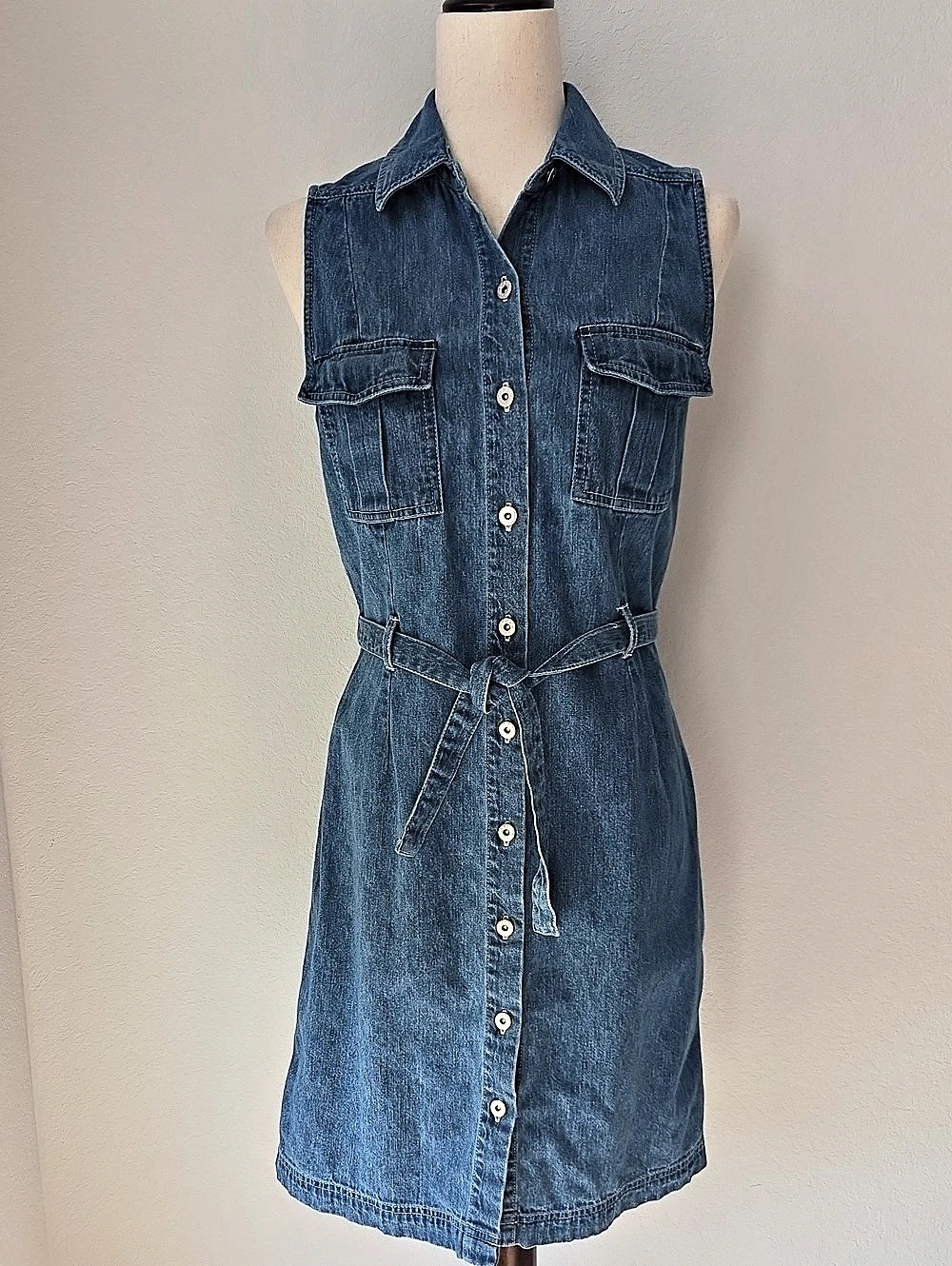 Faded Glory Denim Belted Shirt Dress Blue Size Small Sleeveless 100% Cotton